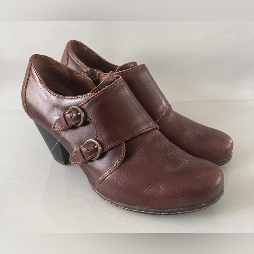BOC Born 8.5M Women's Brown Booties 3" Block Heel Double Monk Strap Zipper Shoes